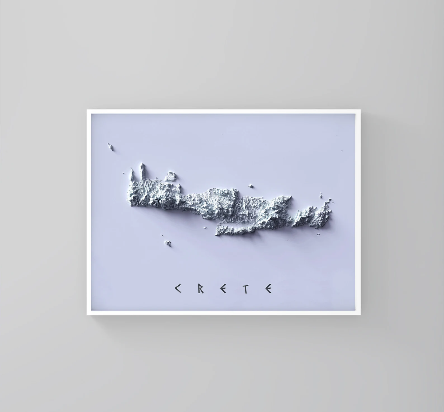 Crete (Greece) vintage framed shaded relief map in white frame. Artistic print highlighting mountains with a realistic 3d effect