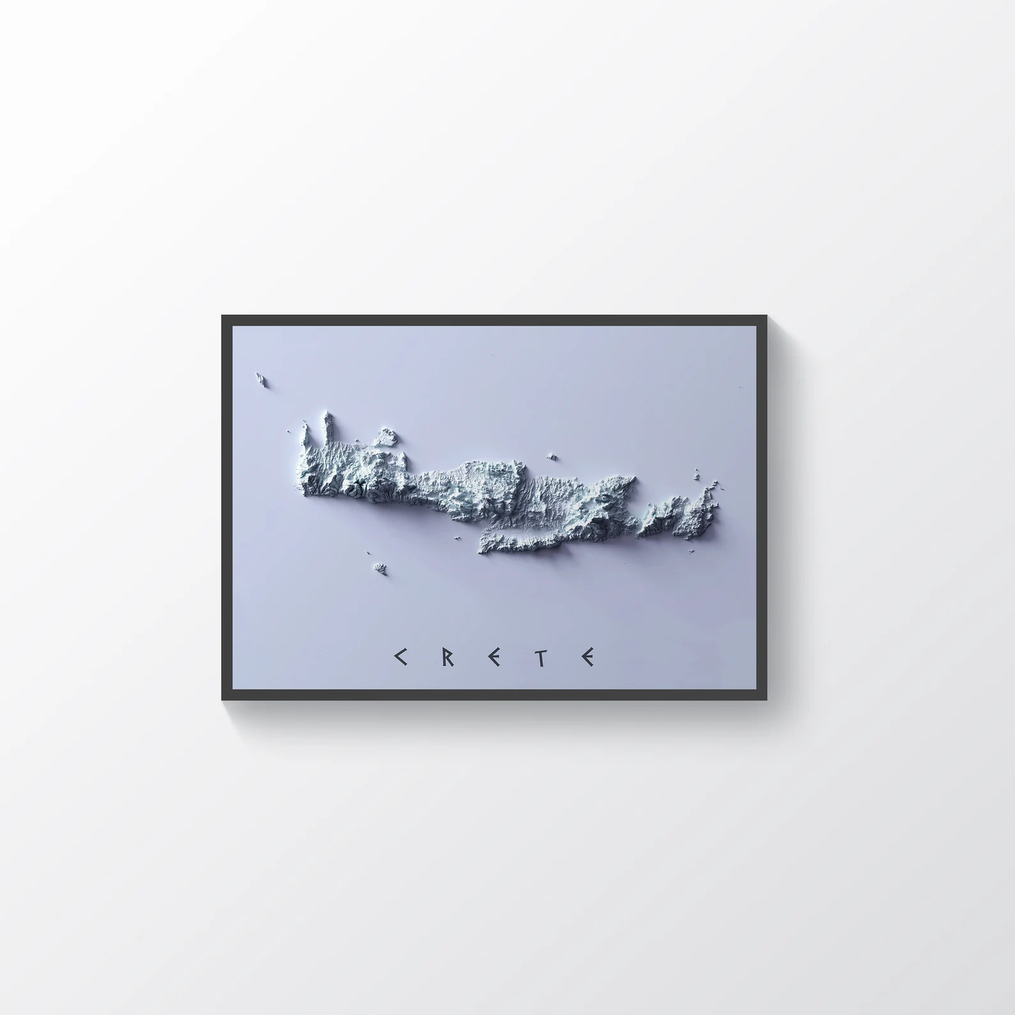 Crete (Greece) vintage framed shaded relief map in black frame. Artistic print highlighting mountains with a realistic terrain effect