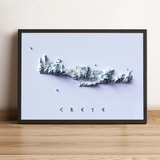 Crete (Greece) vintage framed shaded relief map in black frame. Artistic print highlighting mountains with a realistic terrain effect