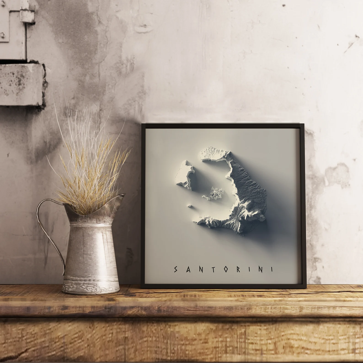 Santorini (Greece) shaded relief map in black frame. Realistic terrain art print for home decor, displayed on rustic wooden table
