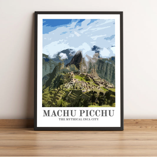 Machu Picchu (Peru) vintage travel poster in black frame. Artistic photographic print