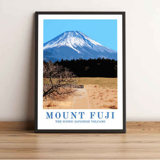 Mount Fuji (Japan) vintage travel poster in black frame. Artistic photographic print