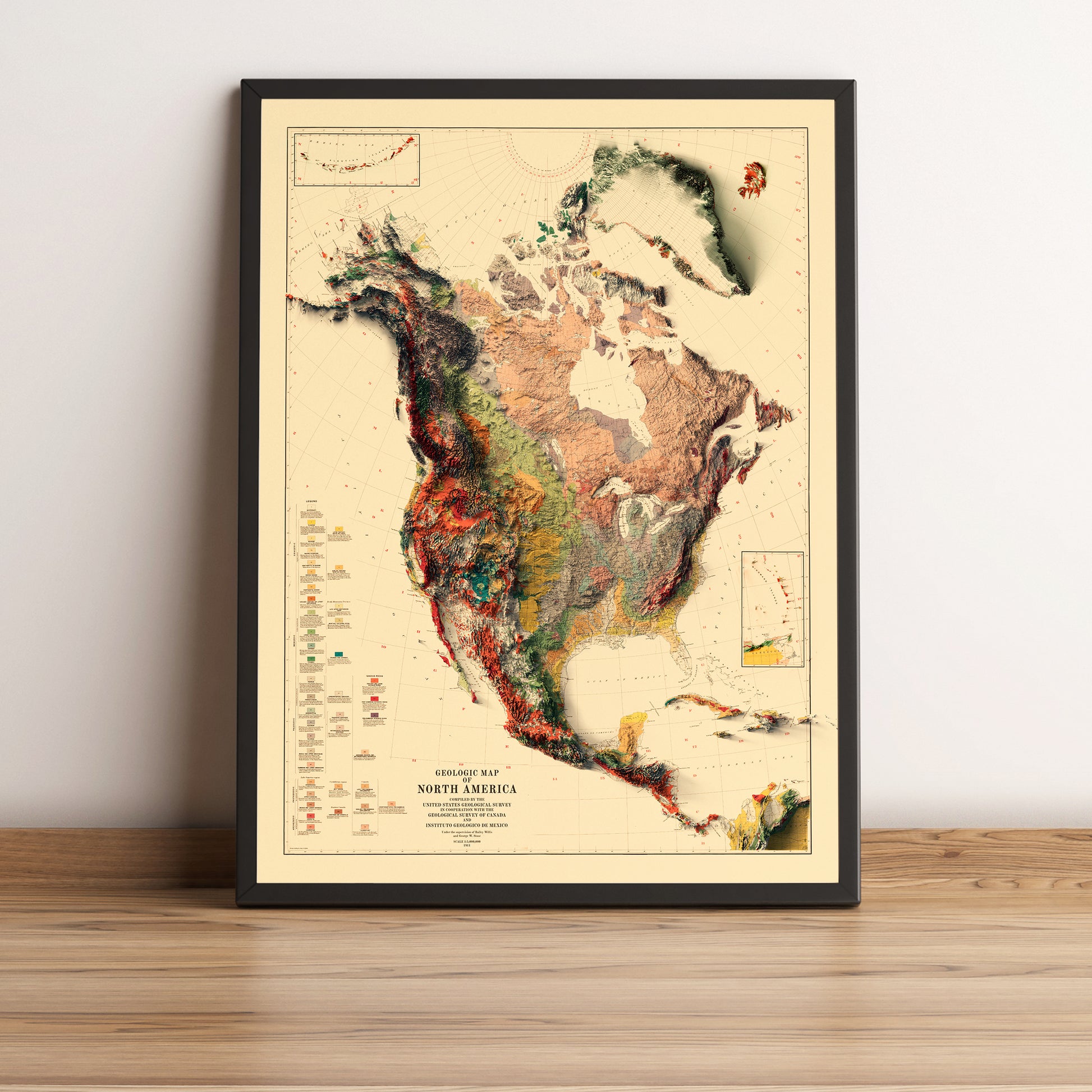 North and Central Americas framed shaded relief map in black frame. Artistic print highlighting mountains with a realistic terrain effect