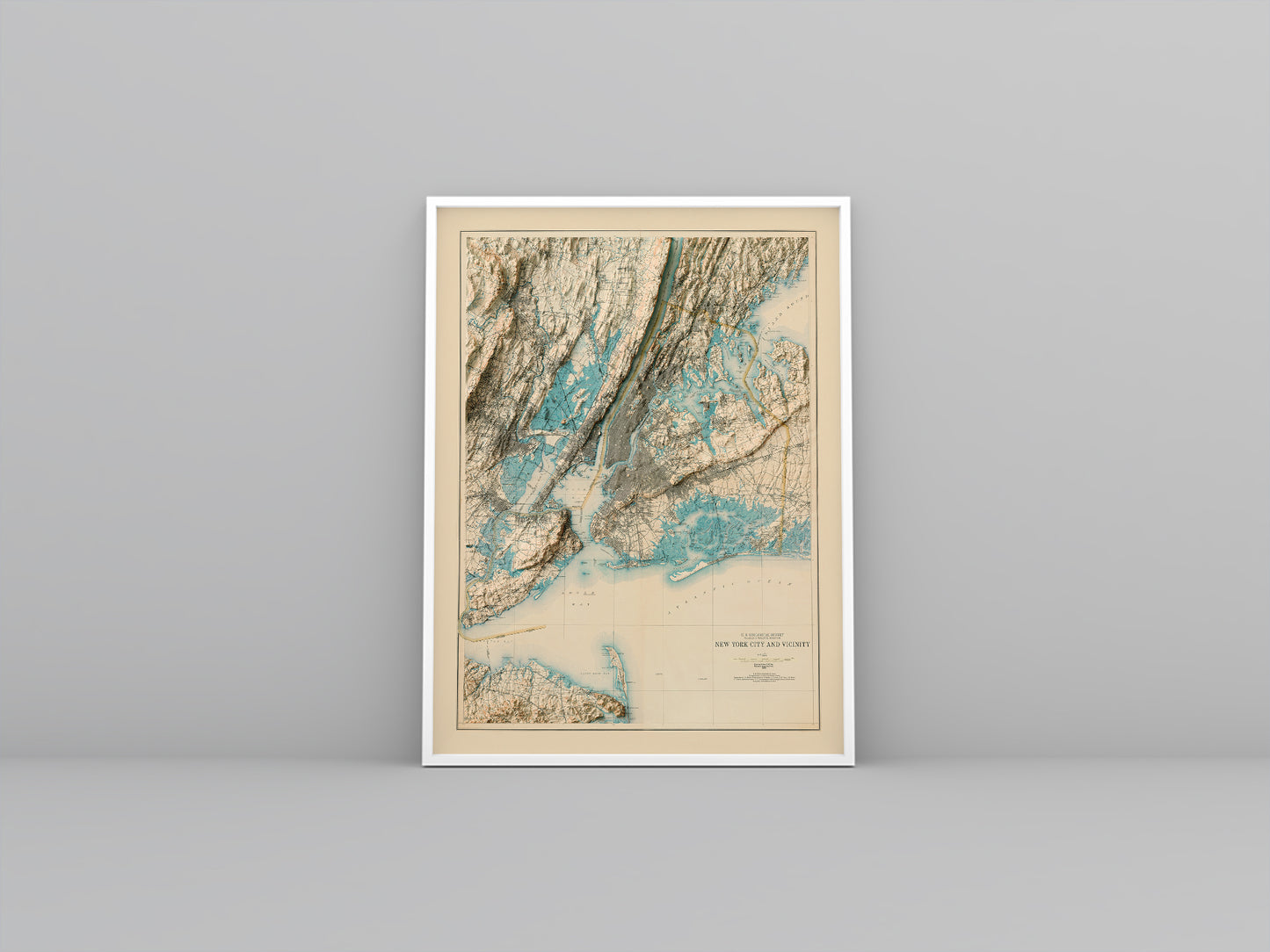New York City vintage framed shaded relief map in white frame. Artistic print highlighting mountains with a realistic 3d effect