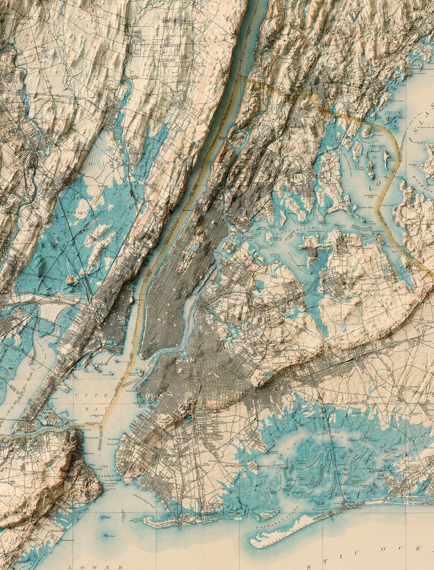 Detailed close-up of a vintage New York City relief map, showcasing textured topography and geographic contours