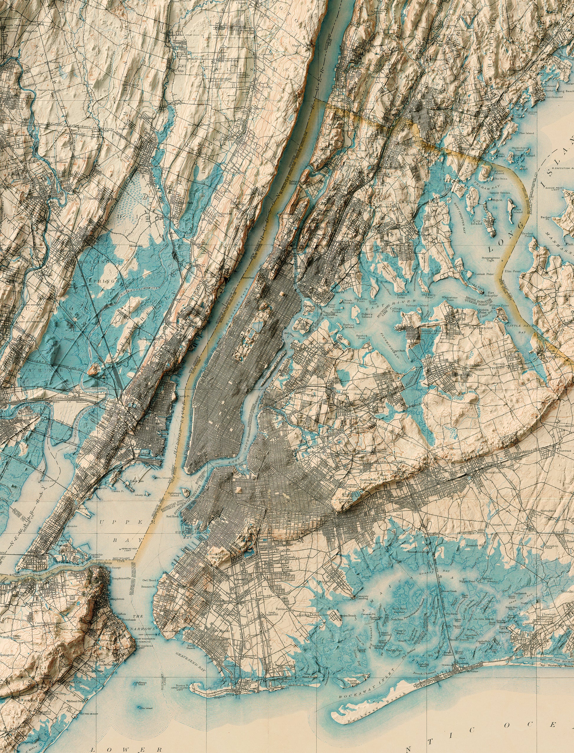 Detailed close-up of a vintage New York City relief map, showcasing textured topography and geographic contours
