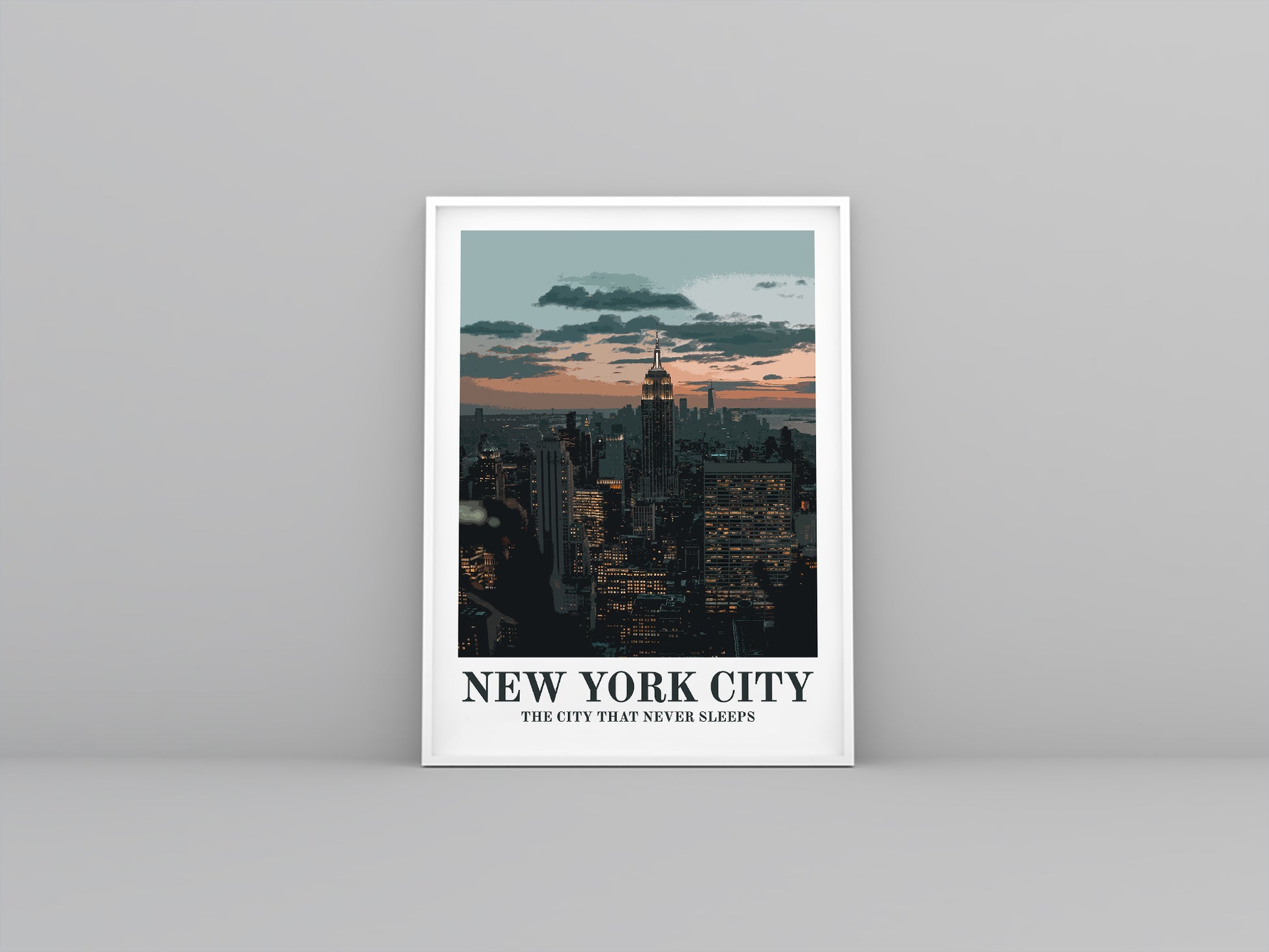 New York City Vintage travel poster in white frame. Artistic print highlighting the landscape