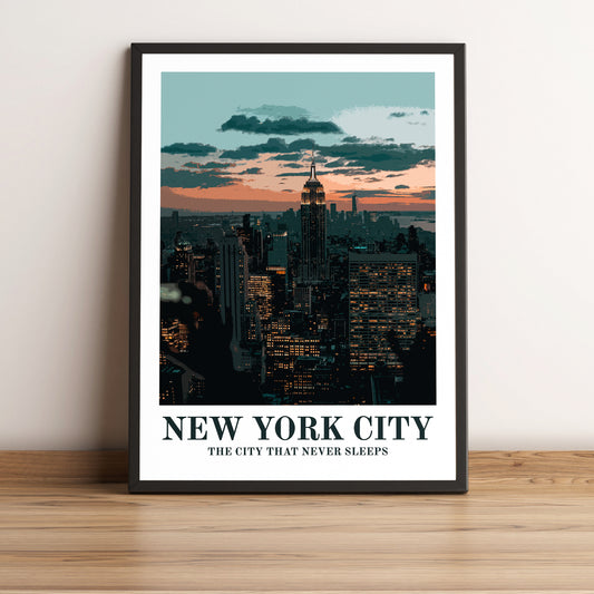New York City vintage travel poster in black frame. Artistic photographic print