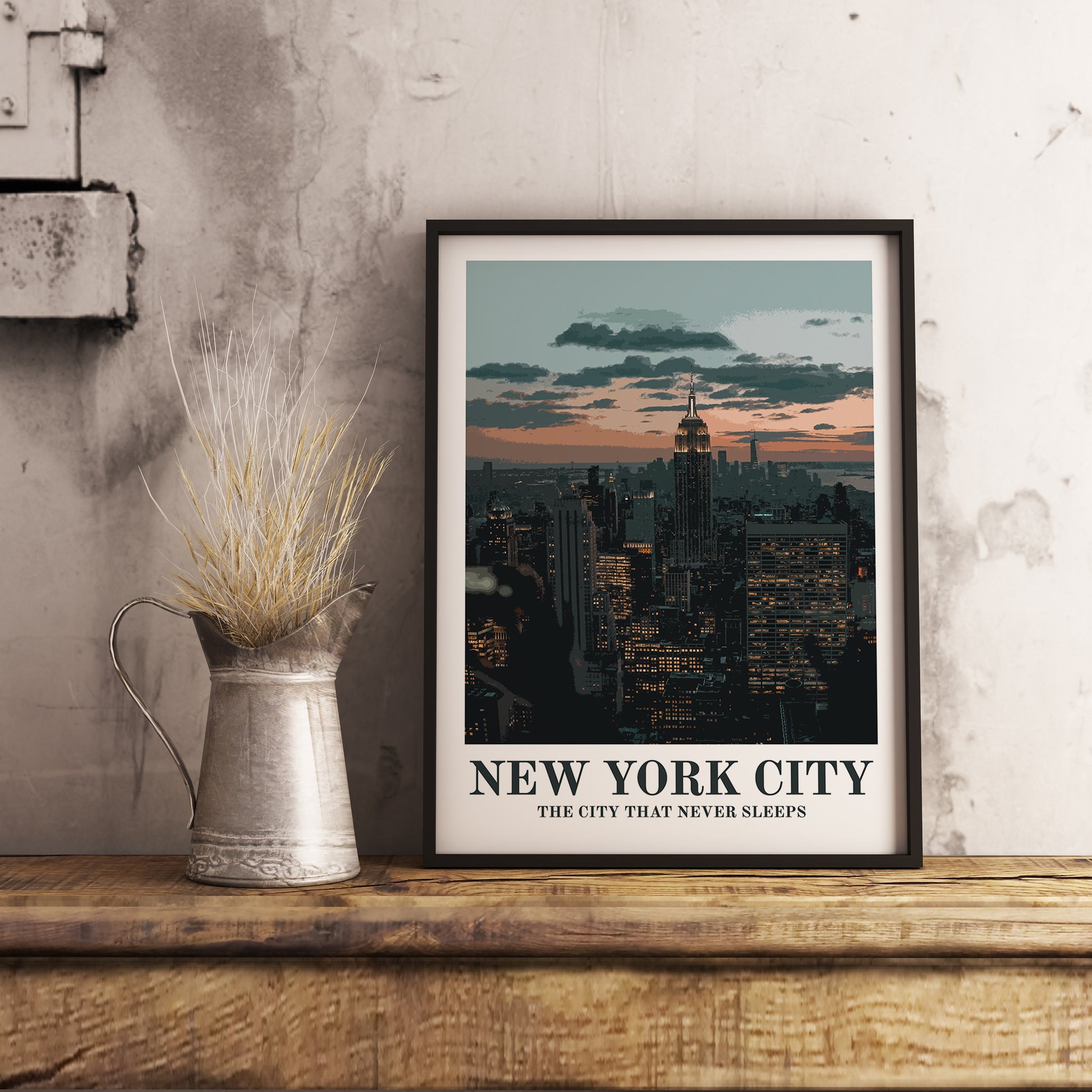 New York City vintage travel poster. Photographic art print for home decor, displayed on rustic wooden table