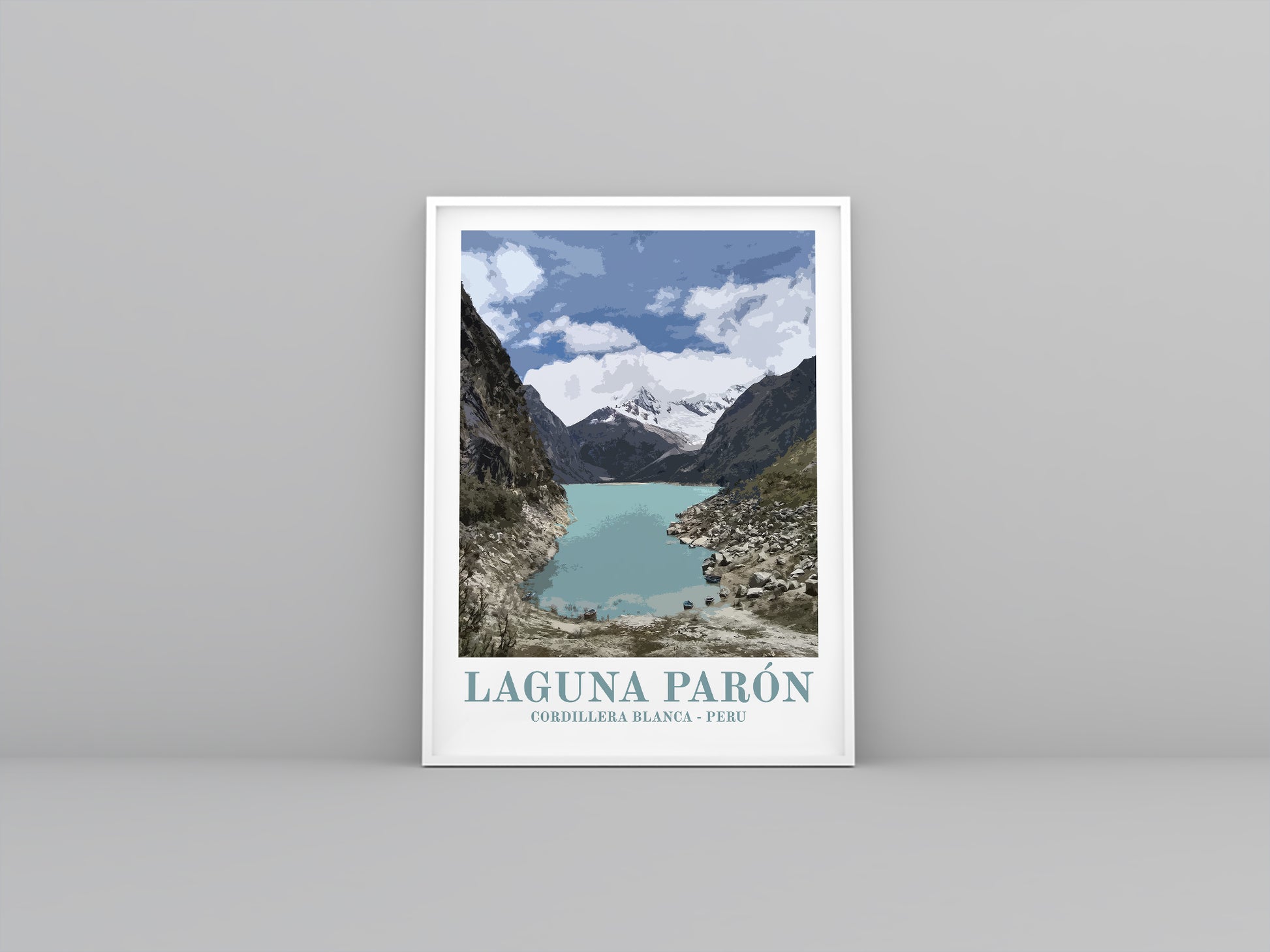 Laguna Paron, Huascaran, Peru, Andes, Vintage travel poster in white frame. Artistic print highlighting the landscape