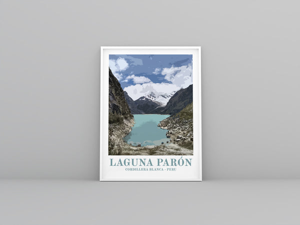 vintage travel poster of laguna paron, huascaran national park, cordillera blanca, peru