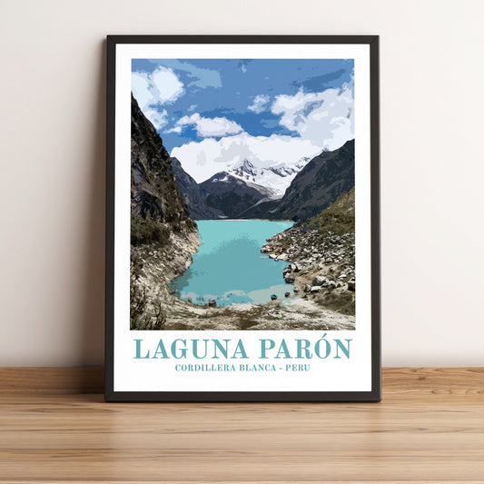 Laguna Parón, Huascaran National Park (Peru) vintage travel poster in black frame. Artistic photographic print