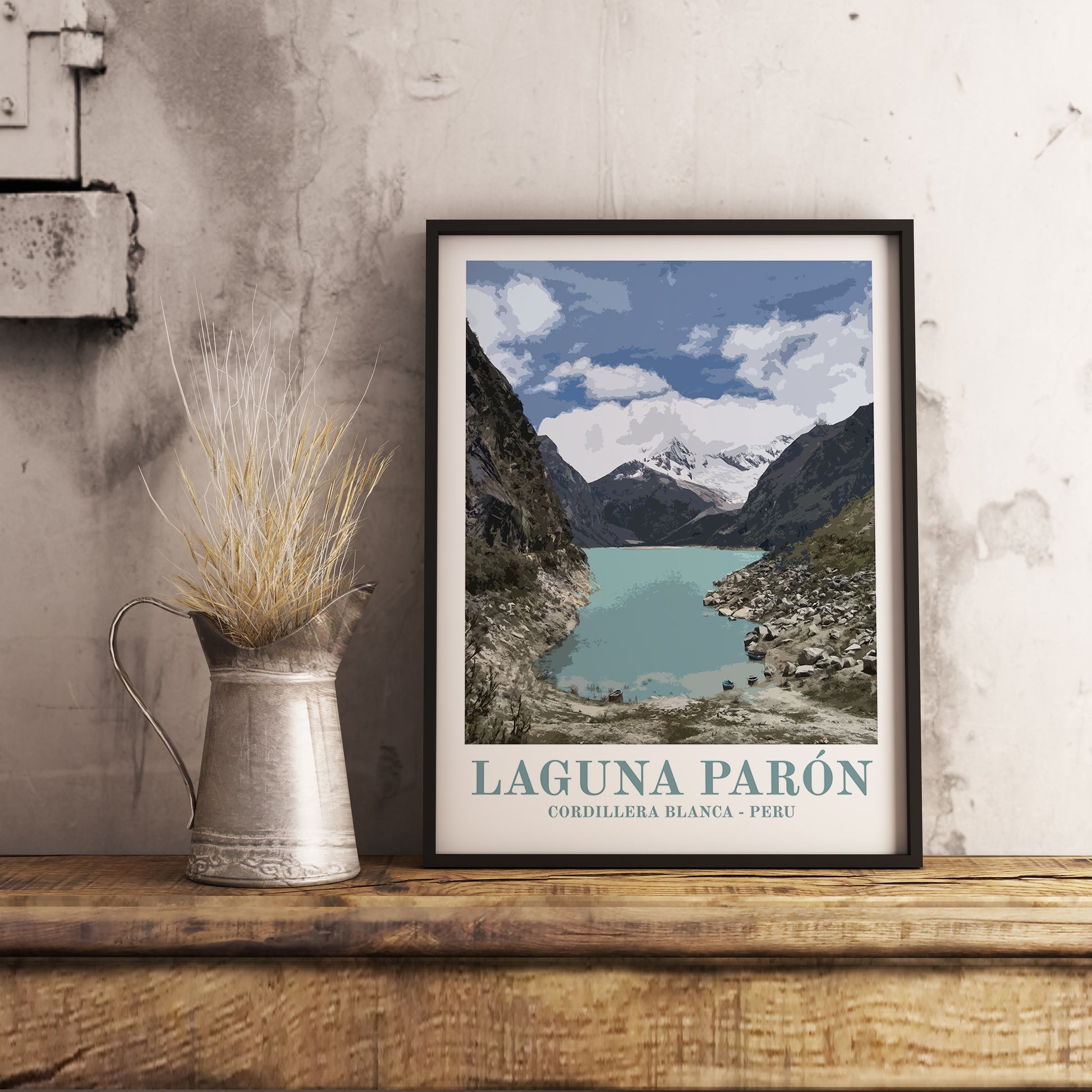 Laguna Paron, Huascaran National Park, Andes, Peru, vintage travel poster. Photographic art print for home decor, displayed on rustic wooden table