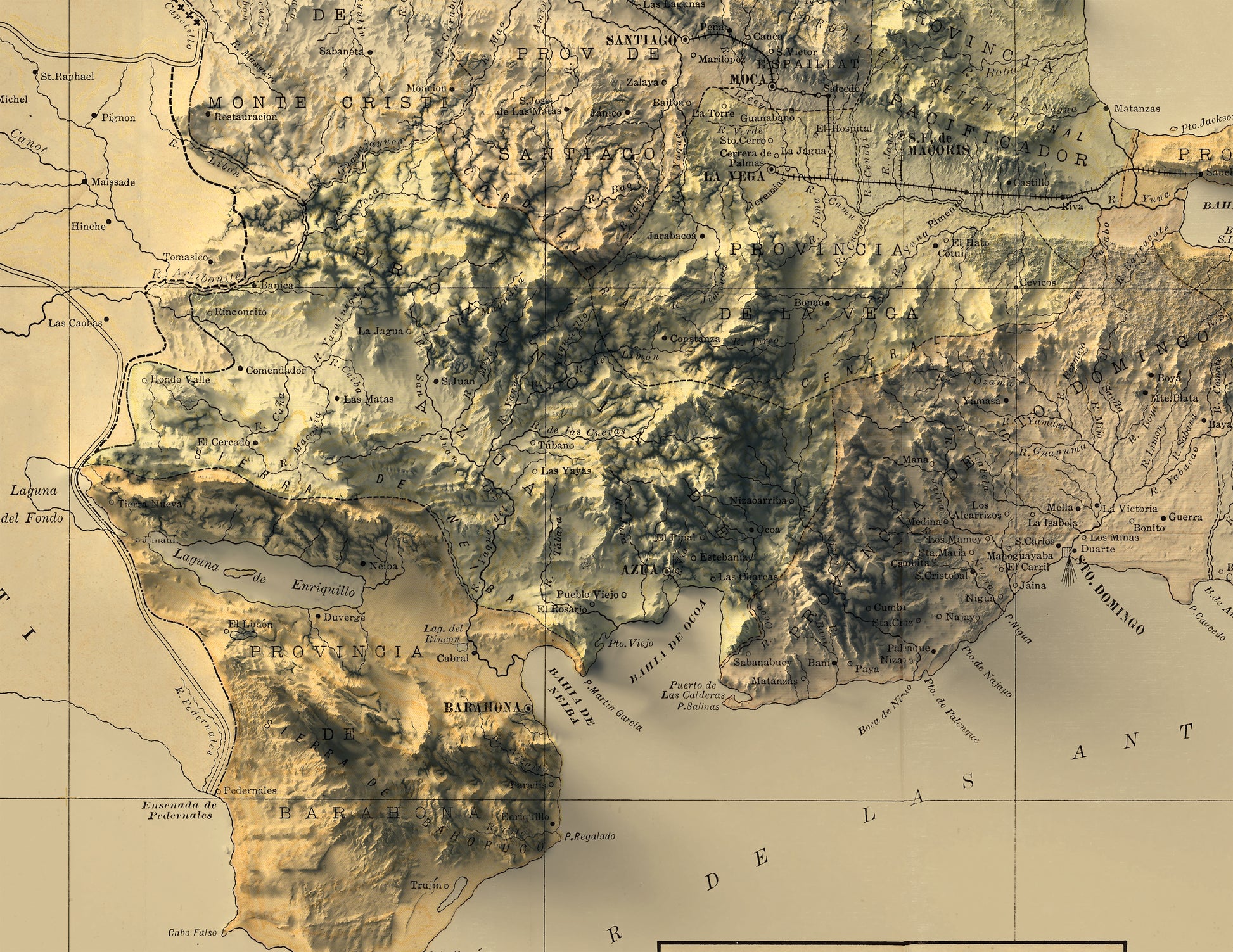 Detailed close-up of a vintage Dominican Republic map, showcasing textured topography and geographic contours