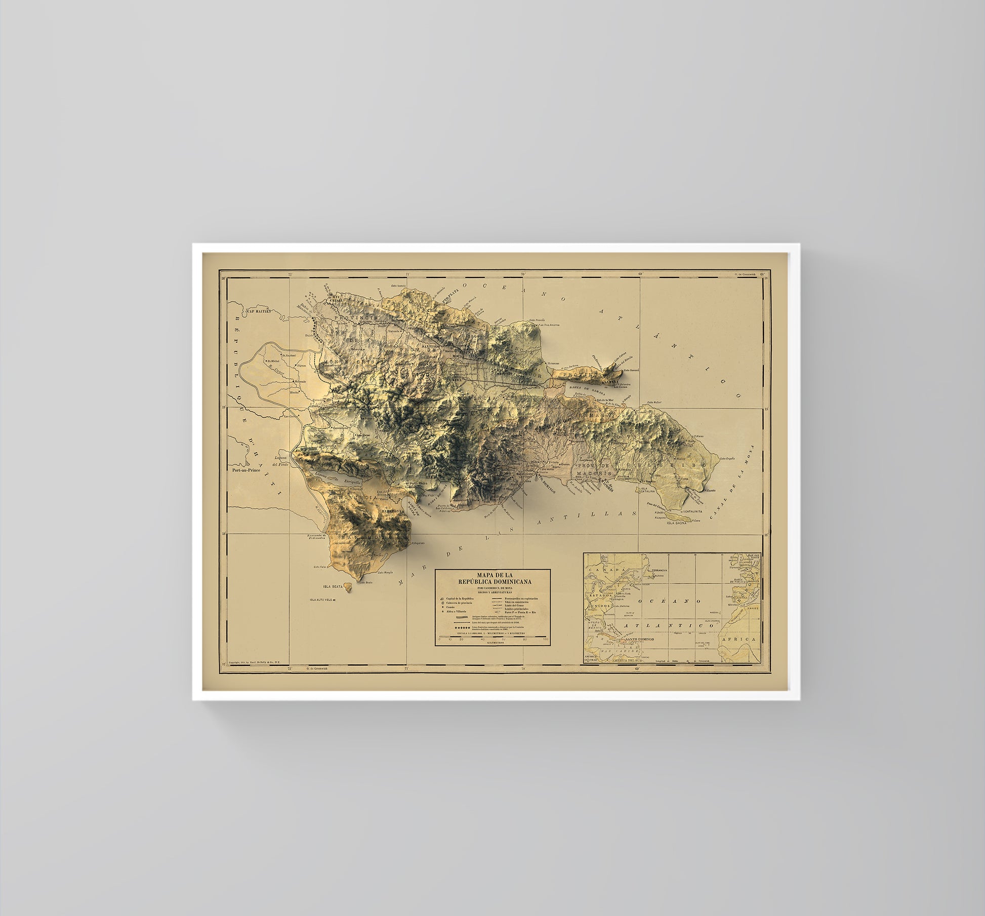 Dominican Republic vintage framed shaded relief map in white frame. Artistic print highlighting mountains with a realistic 3d effect