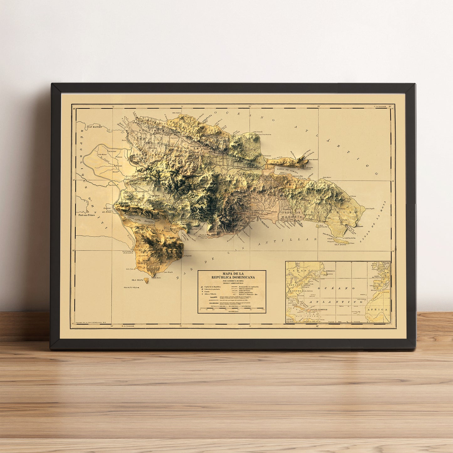 Dominican Republic vintage framed shaded relief map in black frame. Artistic print highlighting mountains with a realistic terrain effect