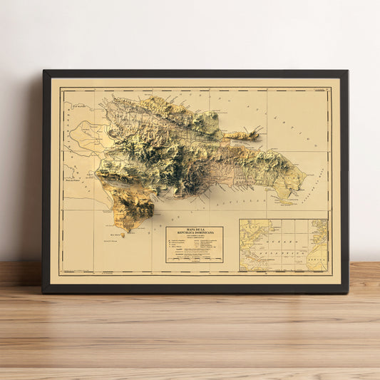 Dominican Republic vintage framed shaded relief map in black frame. Artistic print highlighting mountains with a realistic terrain effect