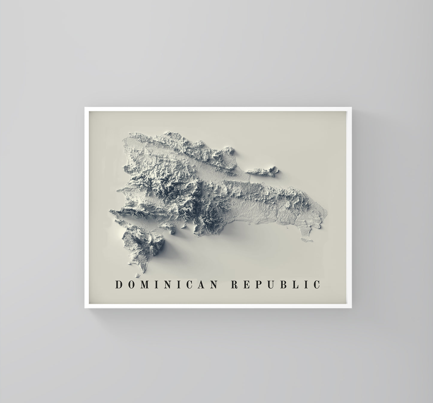 Dominican Republic vintage framed shaded relief map in white frame. Artistic print highlighting mountains with a realistic 3d effect