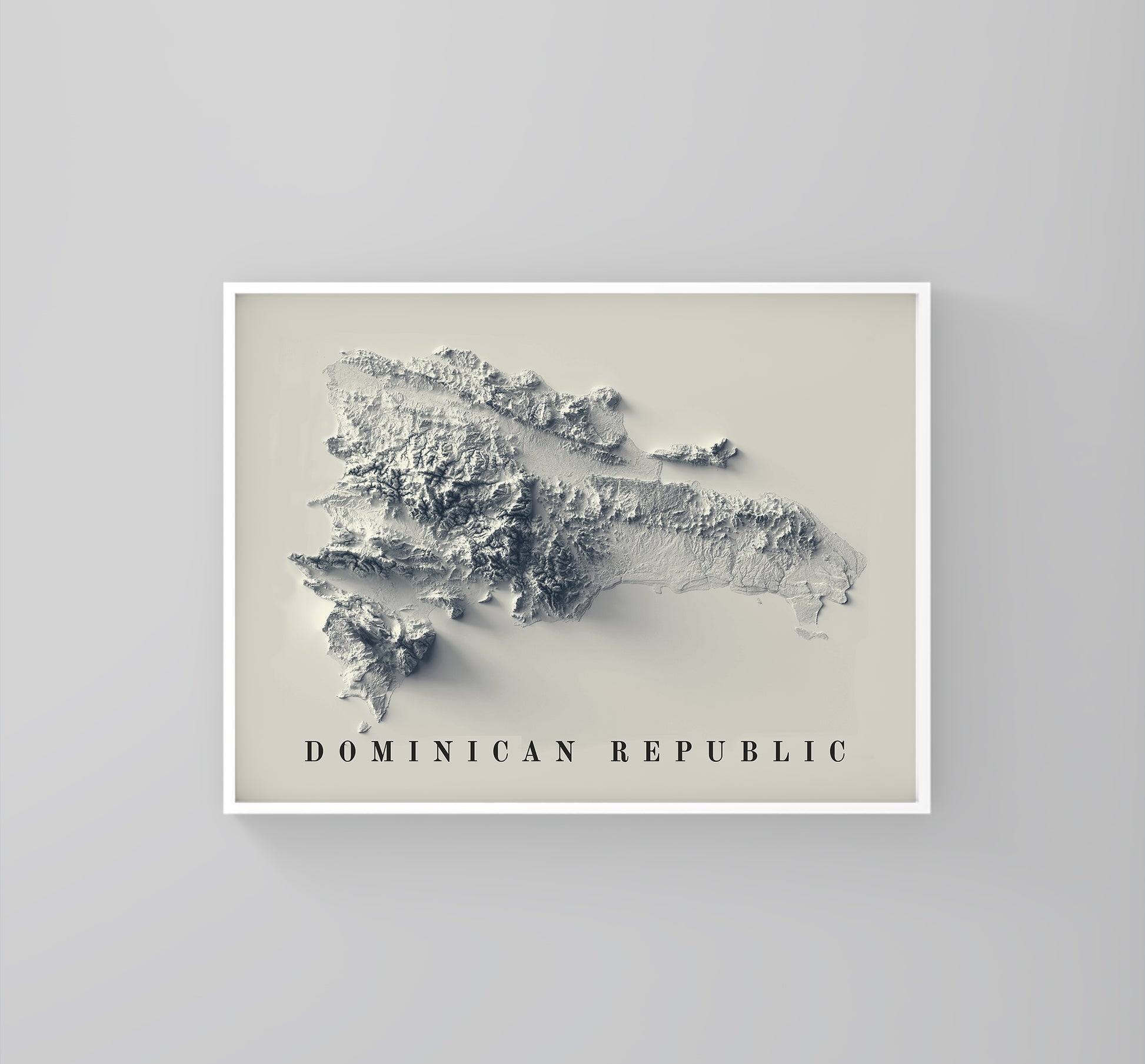 Dominican Republic vintage framed shaded relief map in white frame. Artistic print highlighting mountains with a realistic 3d effect