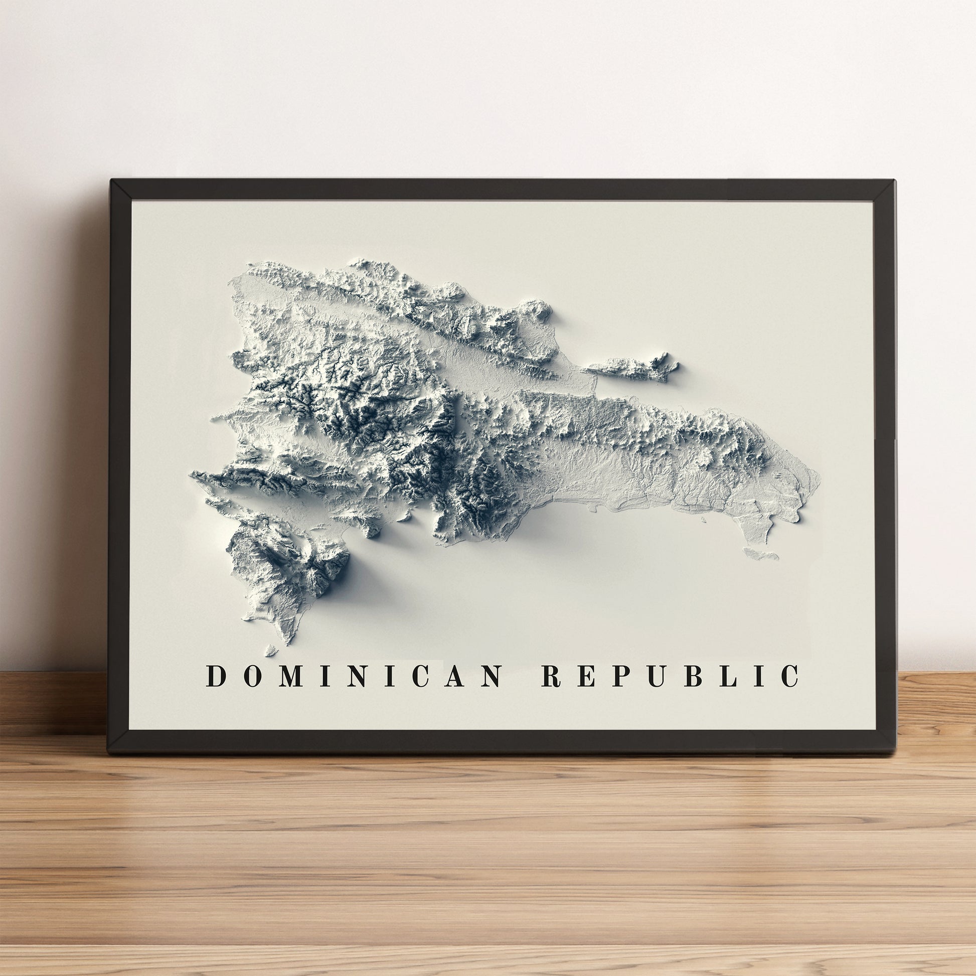 Dominican Republic framed shaded relief map in black frame. Artistic print highlighting mountains with a realistic terrain effect