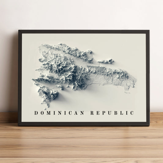 Dominican Republic framed shaded relief map in black frame. Artistic print highlighting mountains with a realistic terrain effect