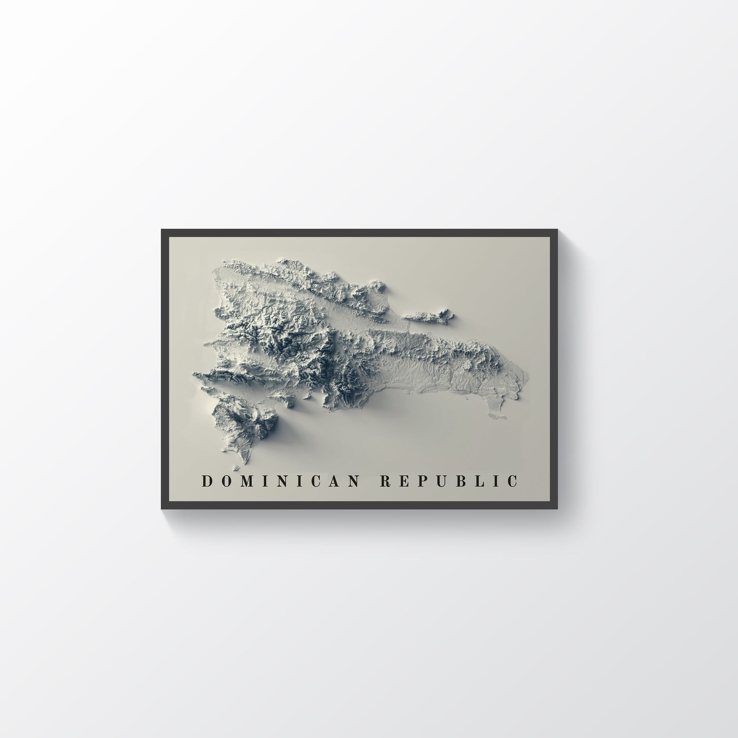 Dominican Republic vintage framed shaded relief map in black frame. Artistic print highlighting mountains with a realistic terrain effect