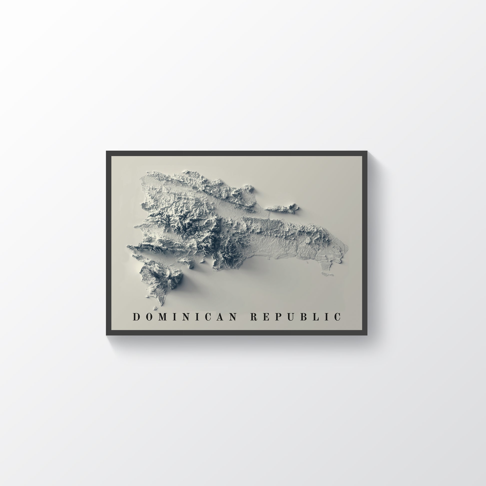 Dominican Republic vintage framed shaded relief map in black frame. Artistic print highlighting mountains with a realistic terrain effect