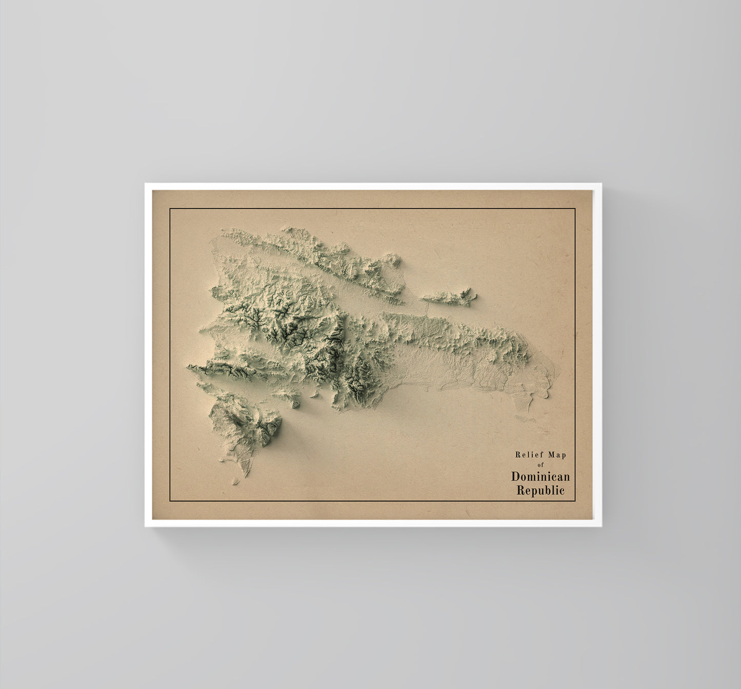 Dominican Republic vintage framed shaded relief map in white frame. Artistic print highlighting mountains with a realistic 3d effect