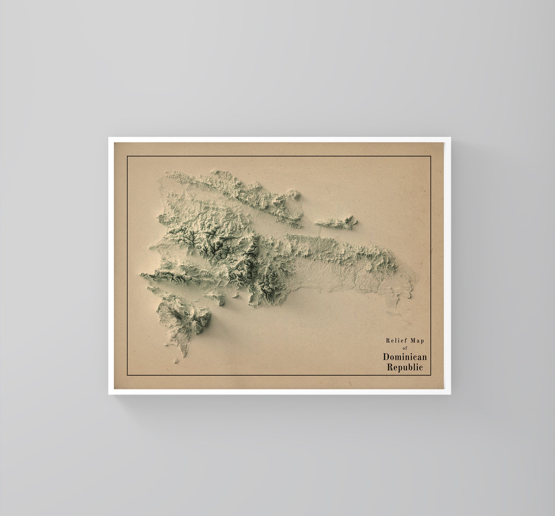 Dominican Republic vintage framed shaded relief map in white frame. Artistic print highlighting mountains with a realistic 3d effect