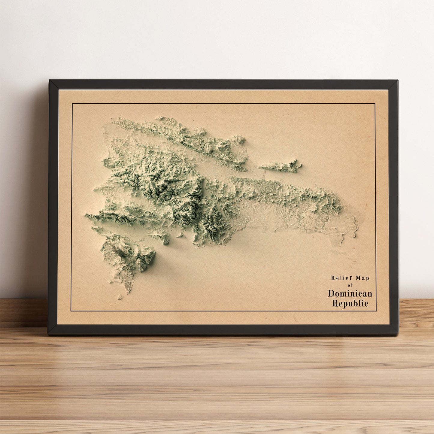 vintage shaded reliDominican Republic vintage framed shaded relief map in black frame. Artistic print highlighting mountains with a realistic terrain effectef map of dominican republic
