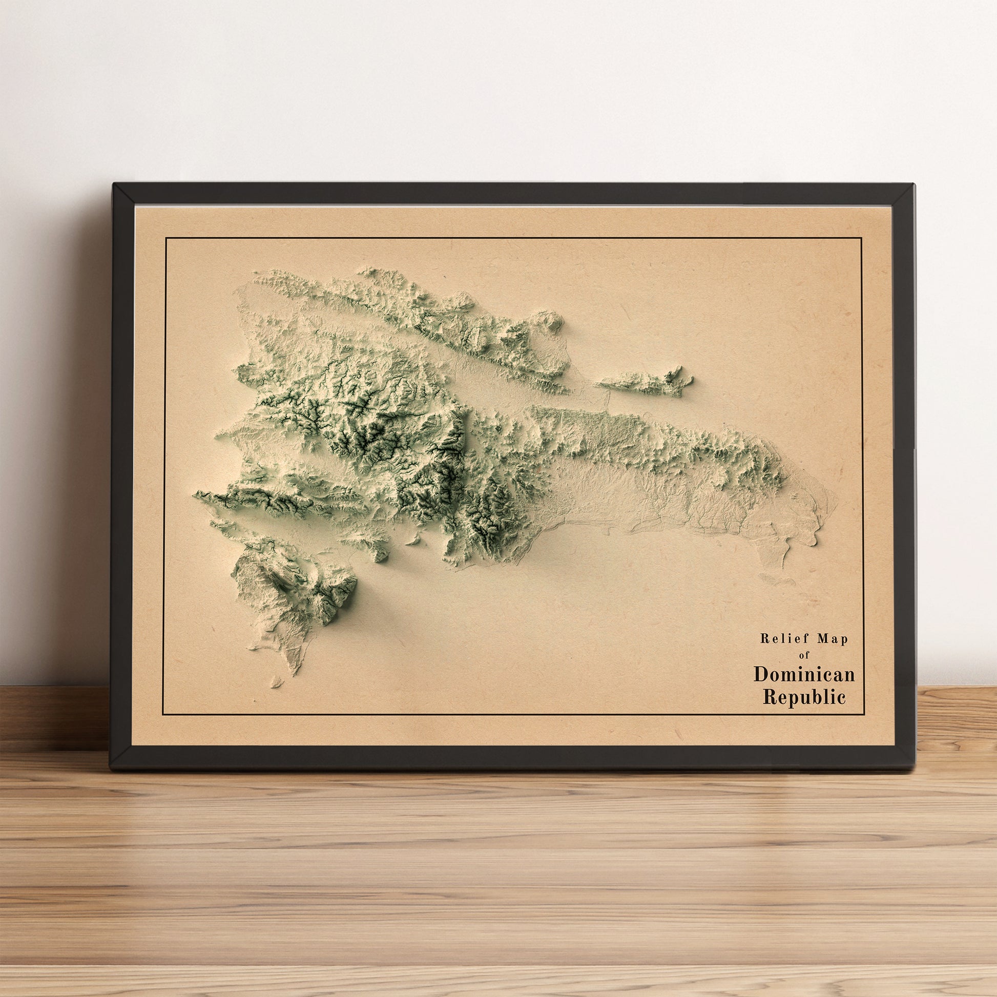 vintage shaded reliDominican Republic vintage framed shaded relief map in black frame. Artistic print highlighting mountains with a realistic terrain effectef map of dominican republic