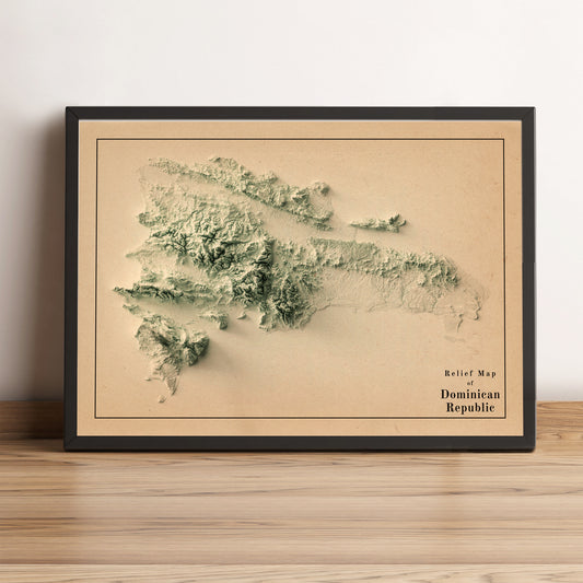 vintage shaded reliDominican Republic vintage framed shaded relief map in black frame. Artistic print highlighting mountains with a realistic terrain effectef map of dominican republic