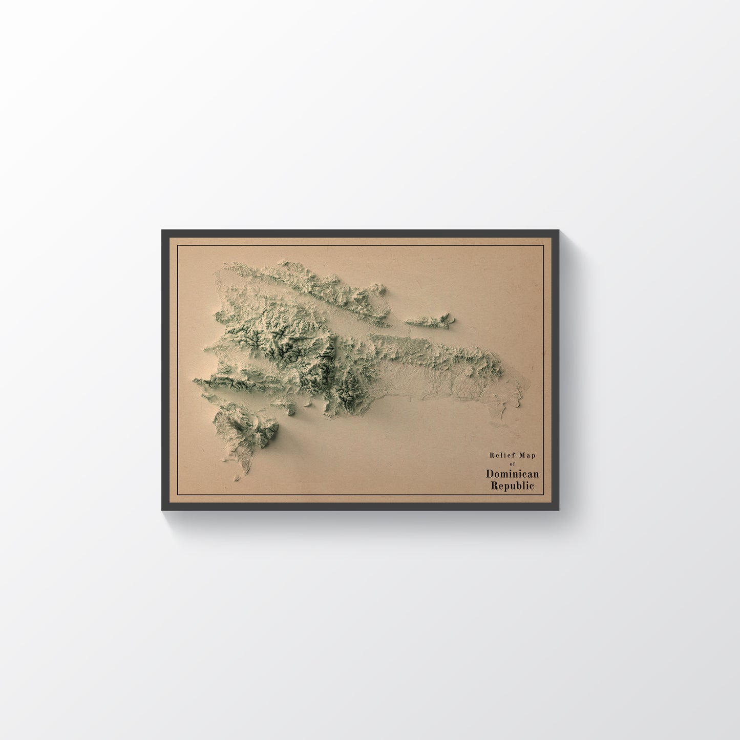 Dominican Republic vintage framed shaded relief map in black frame. Artistic print highlighting mountains with a realistic terrain effect