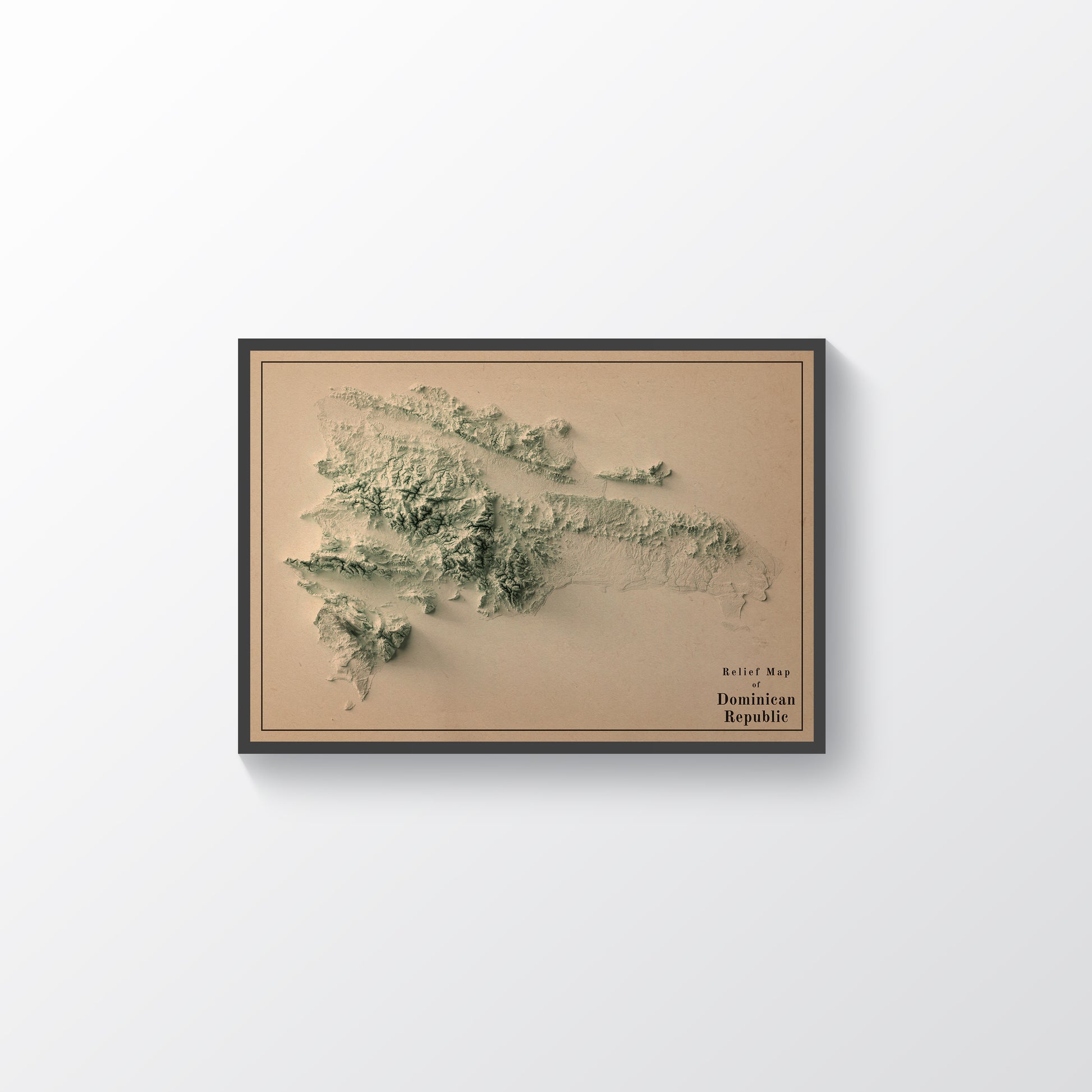 Dominican Republic vintage framed shaded relief map in black frame. Artistic print highlighting mountains with a realistic terrain effect