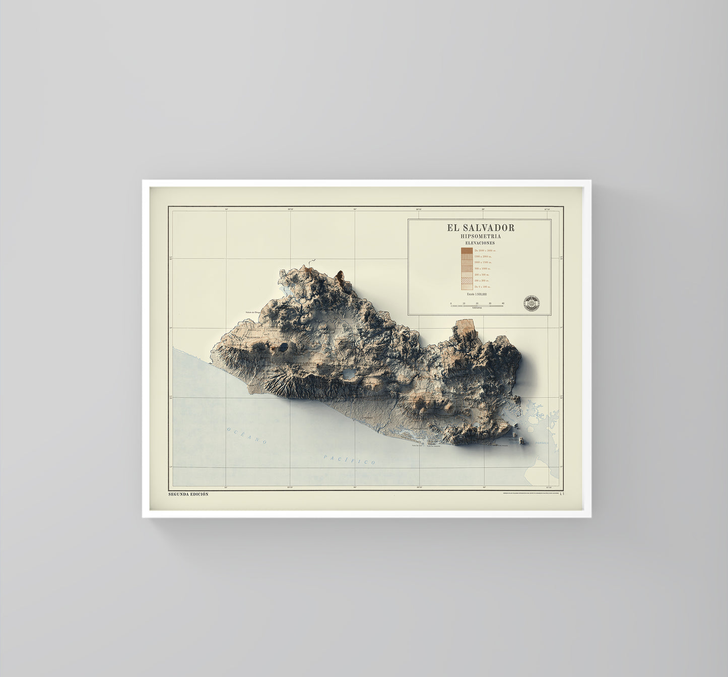 El Salvador vintage framed shaded relief map in white frame. Artistic print highlighting mountains with a realistic 3d effect