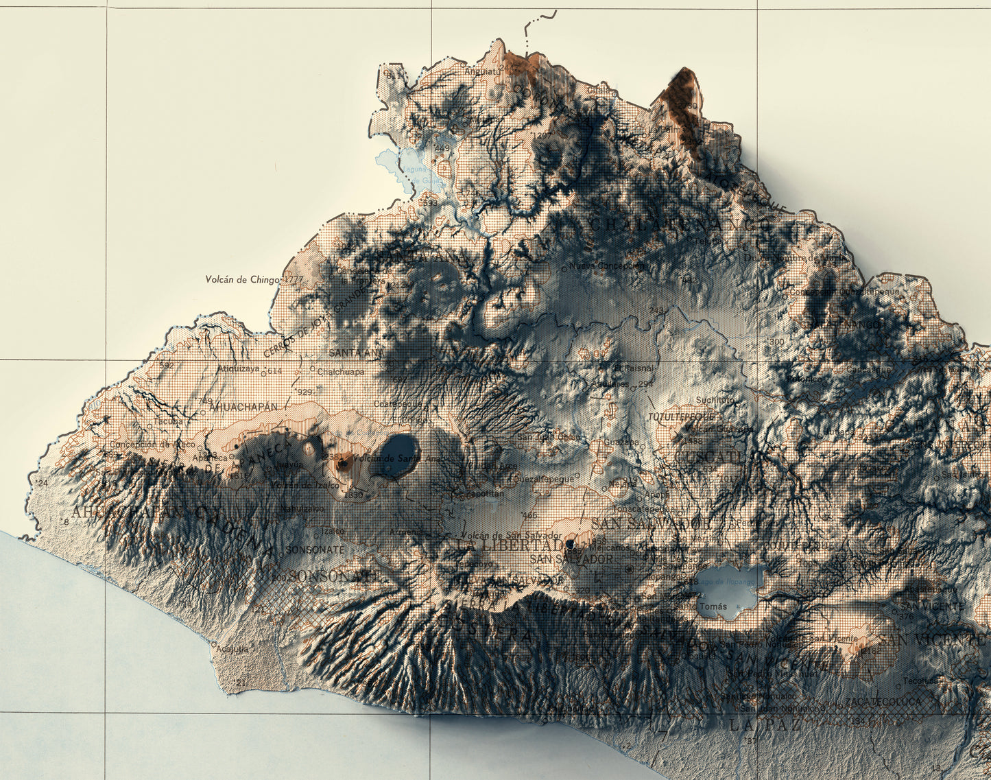 Detailed close-up of a vintage El Salvador map, showcasing textured topography and geographic contours