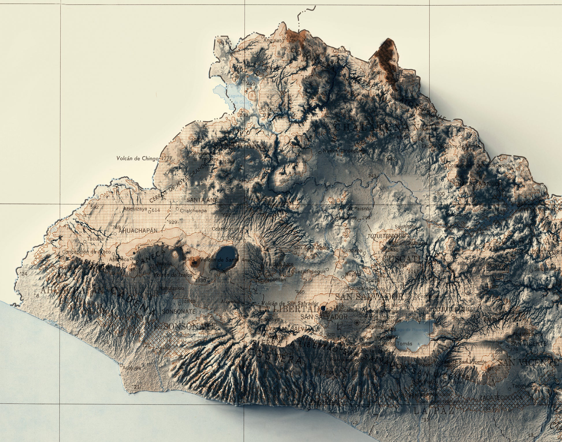 Detailed close-up of a vintage El Salvador map, showcasing textured topography and geographic contours