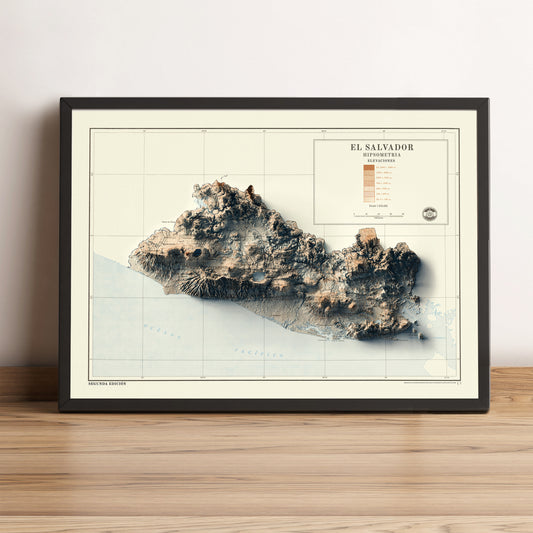 El Salvador vintage framed shaded relief map in black frame. Artistic print highlighting mountains with a realistic terrain effect