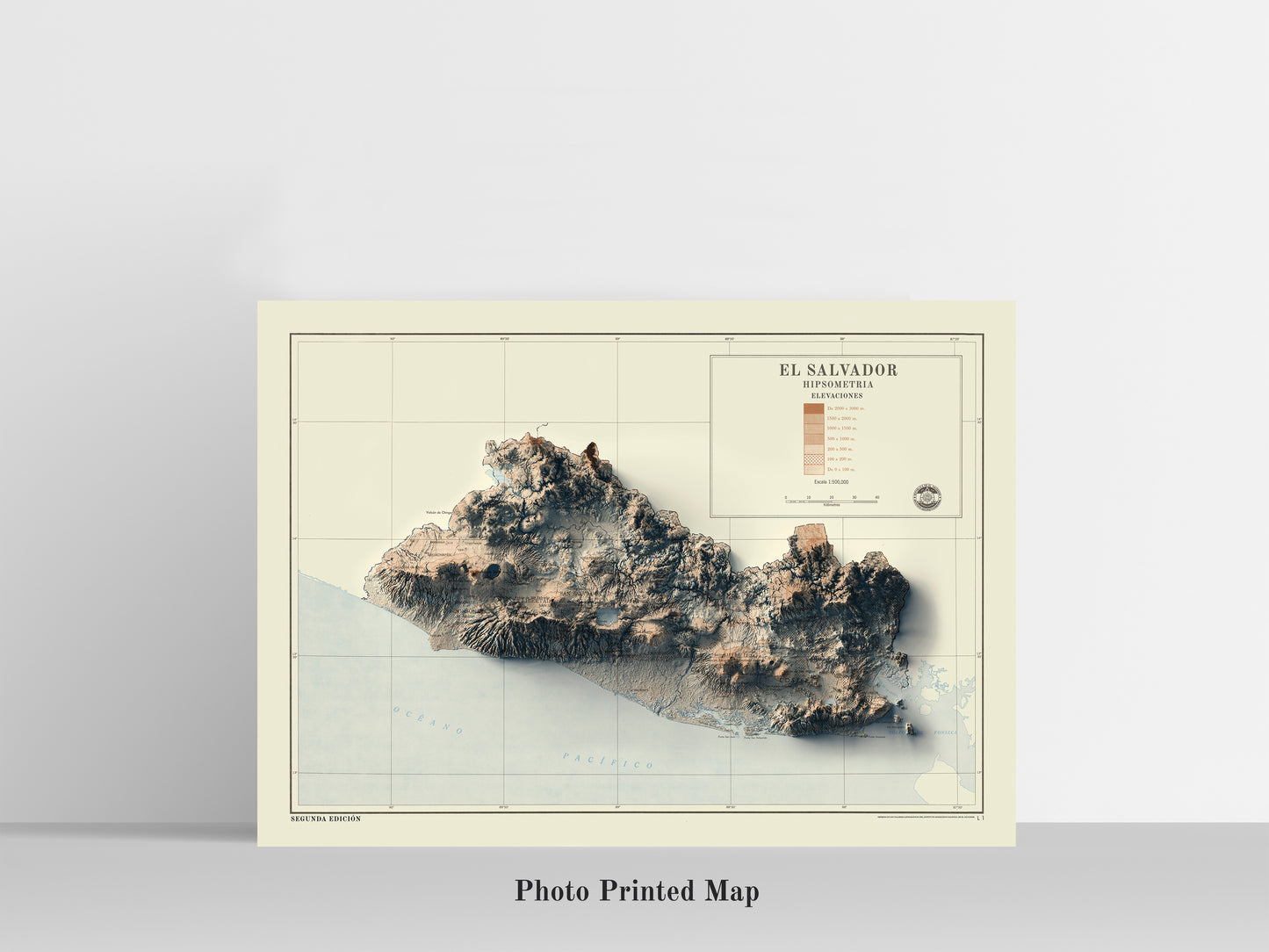 El Salvador Shaded relief map print, highlighting topography. Ideal for home decor and geography lovers