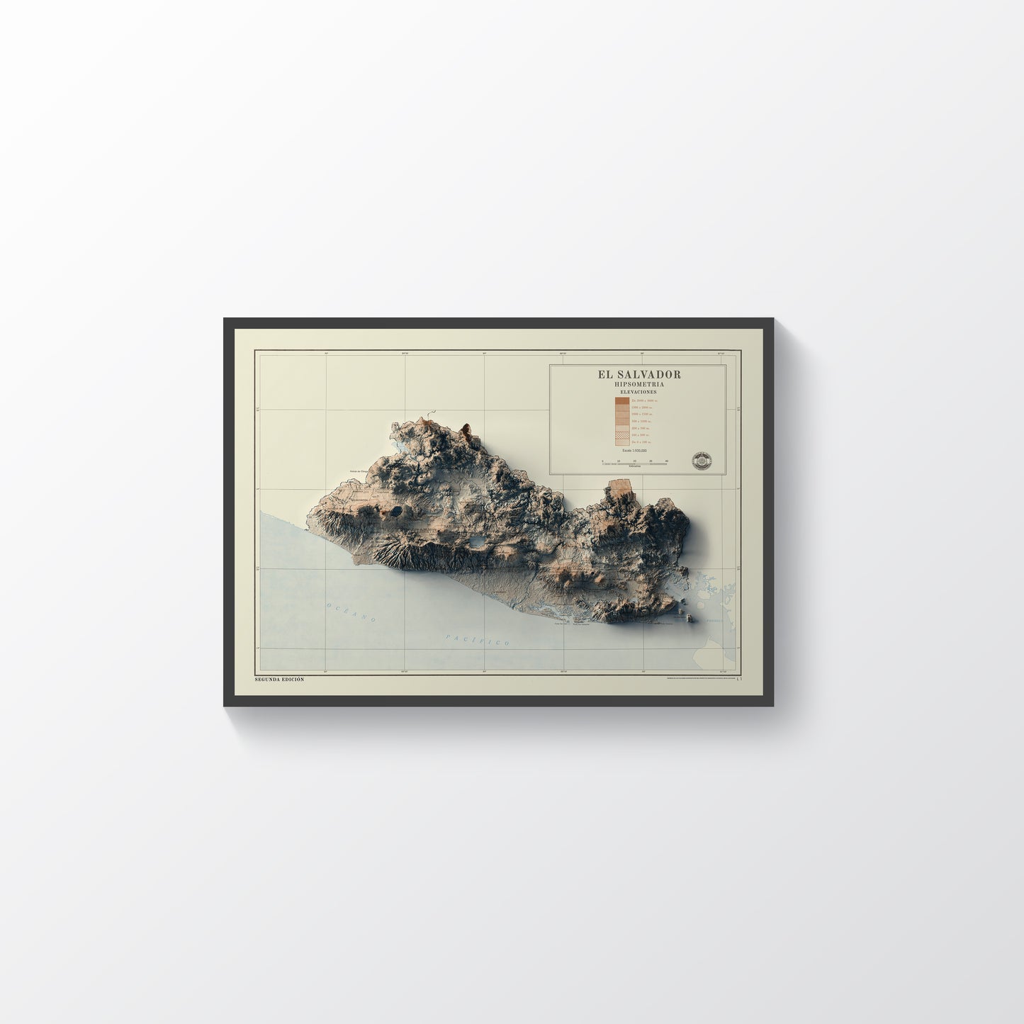 El Salvador vintage framed shaded relief map in black frame. Artistic print highlighting mountains with a realistic terrain effect