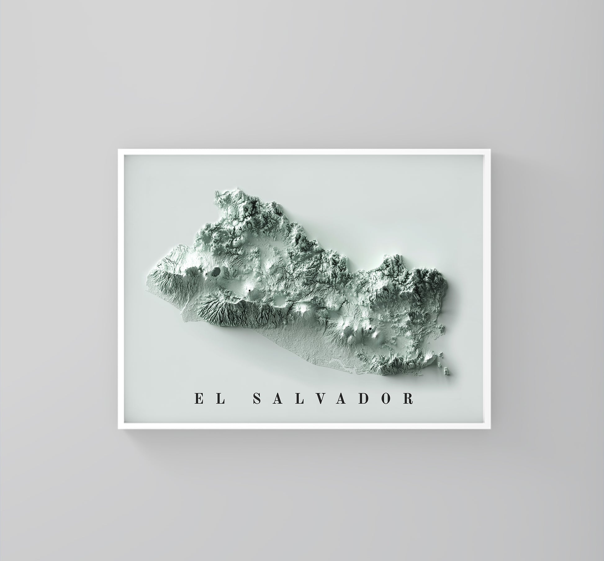 El Salvador vintage framed shaded relief map in white frame. Artistic print highlighting mountains with a realistic 3d effect