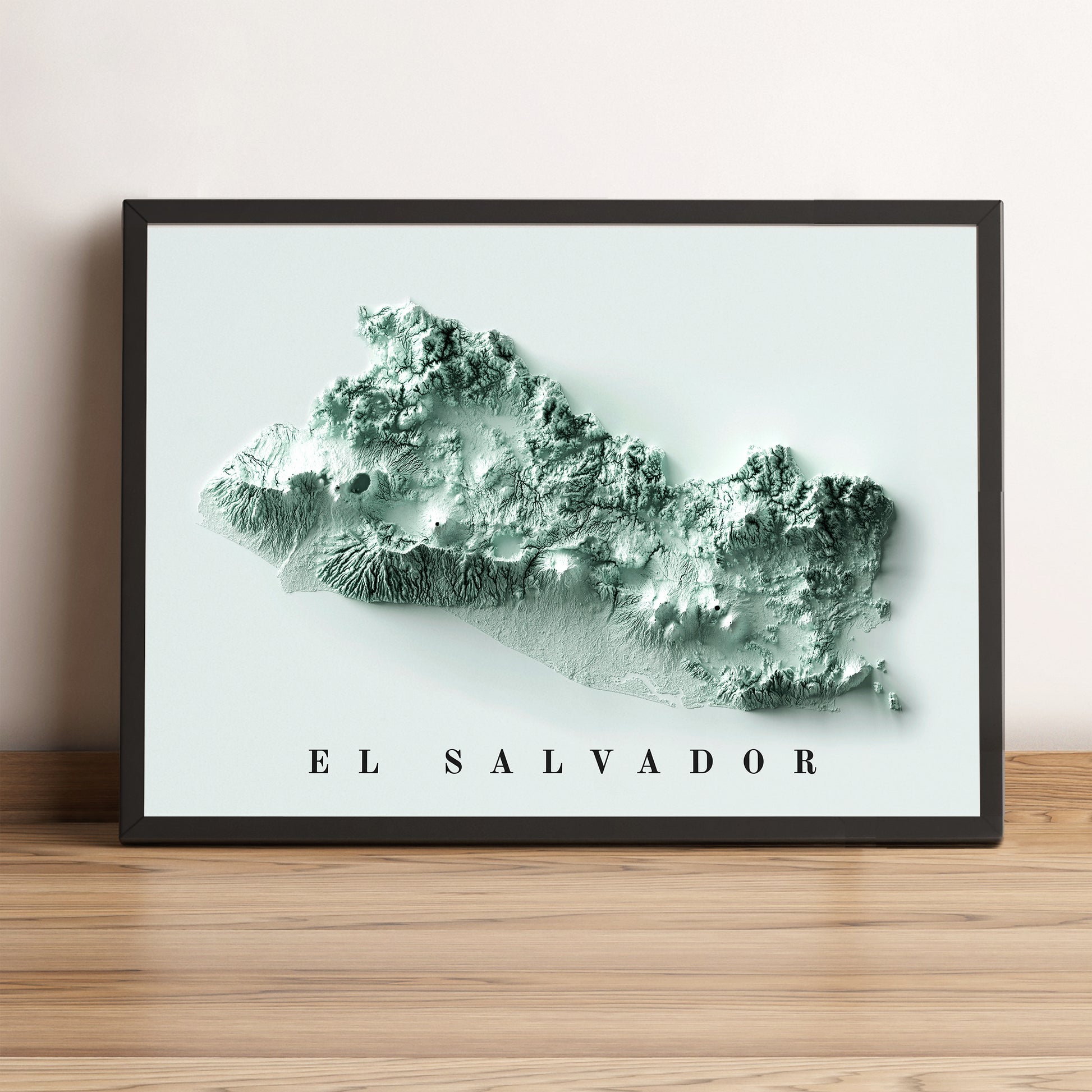 El Salvador framed shaded relief map in black frame. Artistic print highlighting mountains with a realistic terrain effect