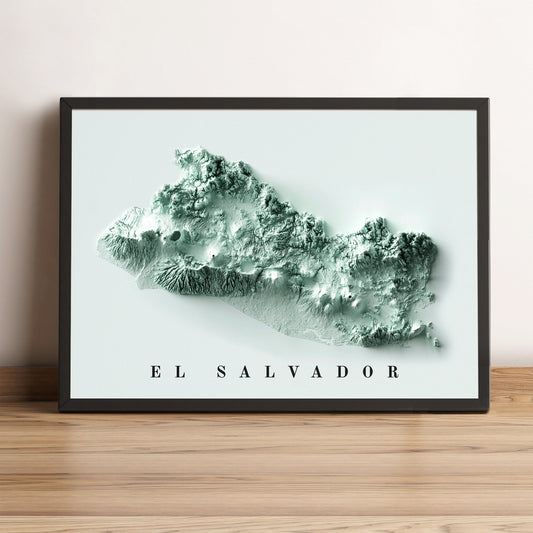 El Salvador framed shaded relief map in black frame. Artistic print highlighting mountains with a realistic terrain effect