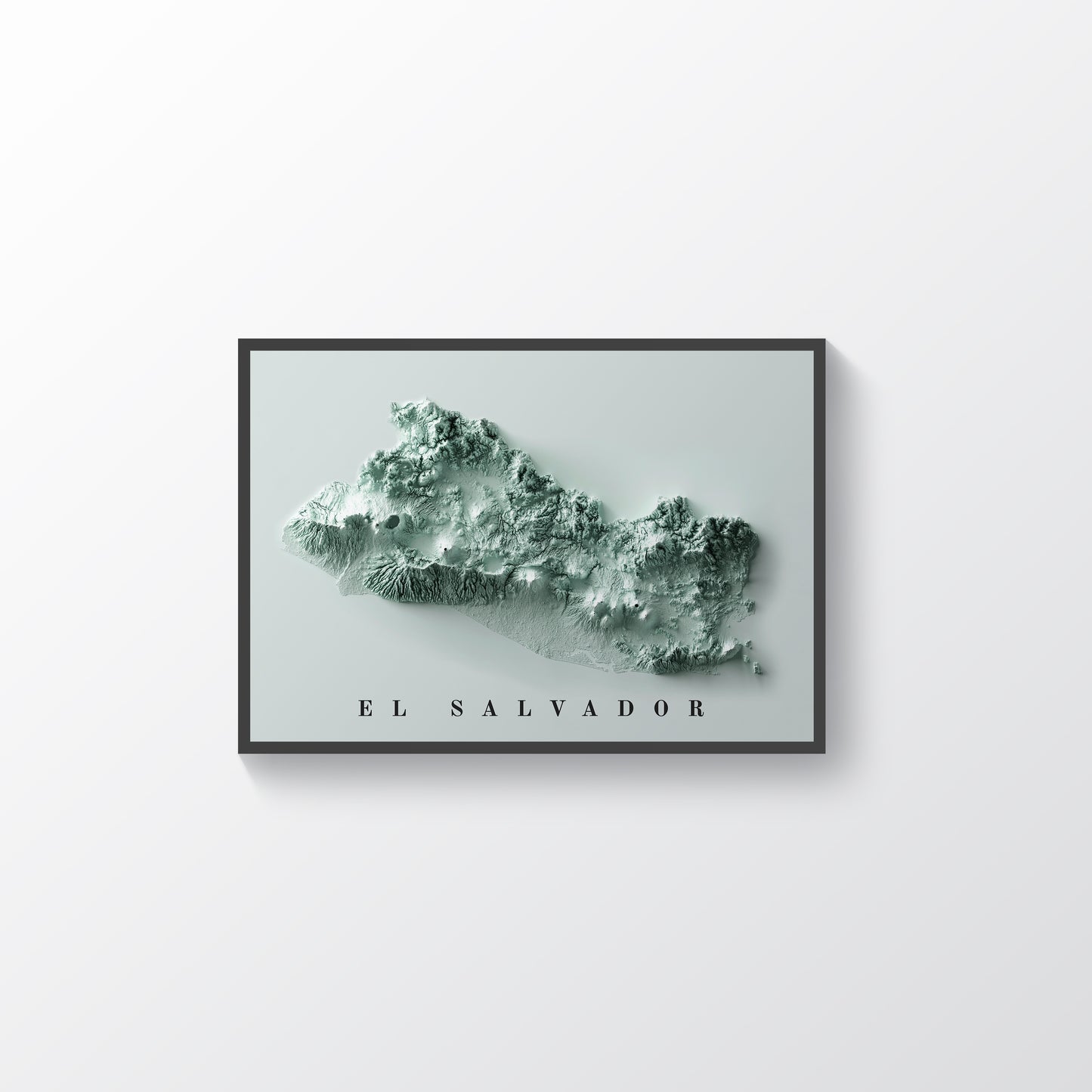 El Salvador vintage framed shaded relief map in black frame. Artistic print highlighting mountains with a realistic terrain effect