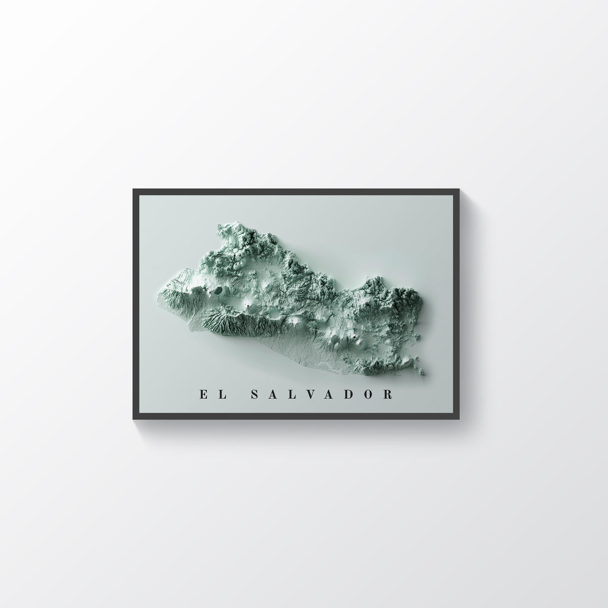 El Salvador vintage framed shaded relief map in black frame. Artistic print highlighting mountains with a realistic terrain effect