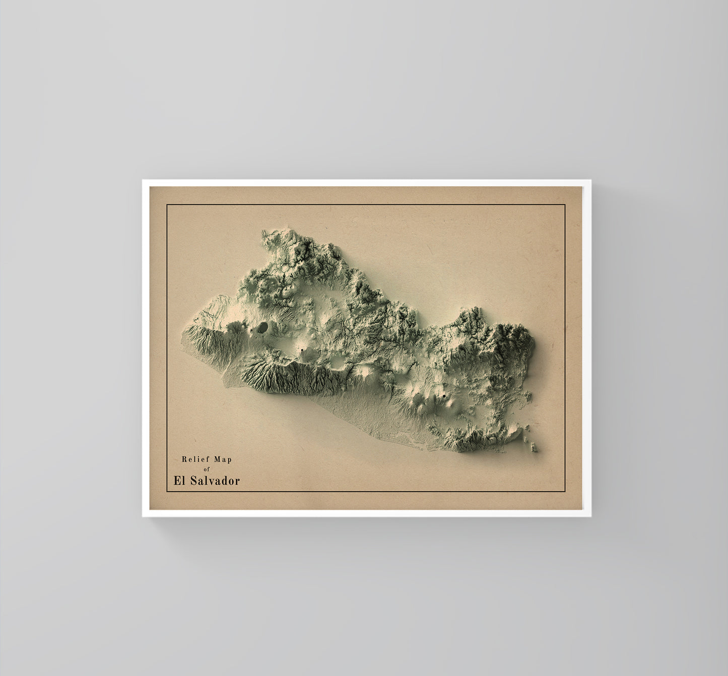 El Salvador vintage framed shaded relief map in white frame. Artistic print highlighting mountains with a realistic 3d effect