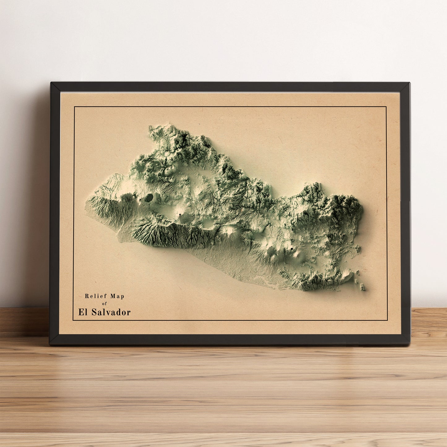 El Salvador vintage framed shaded relief map in black frame. Artistic print highlighting mountains with a realistic terrain effect