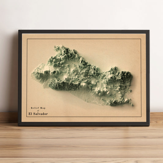 El Salvador vintage framed shaded relief map in black frame. Artistic print highlighting mountains with a realistic terrain effect