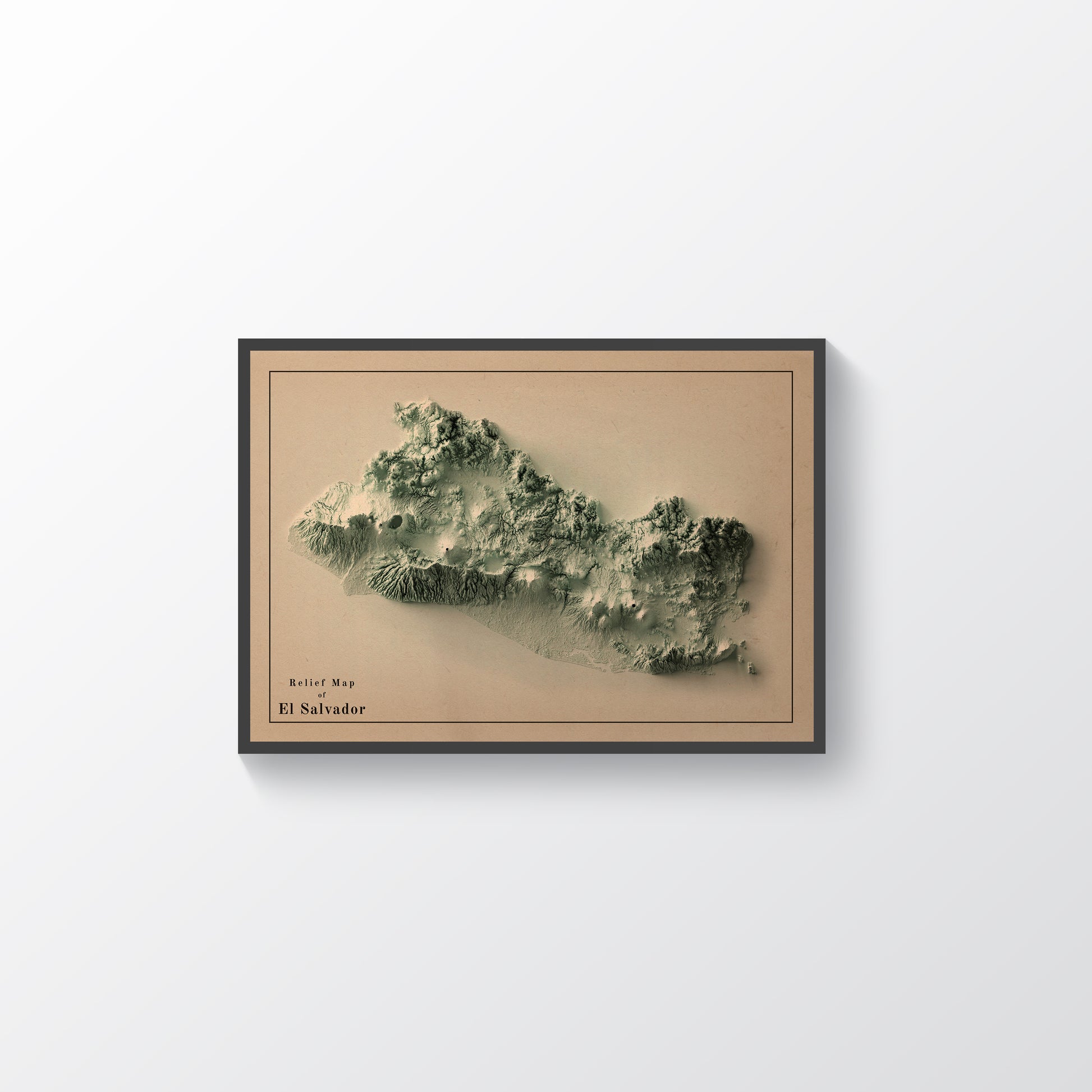El Salvador vintage framed shaded relief map in black frame. Artistic print highlighting mountains with a realistic terrain effect