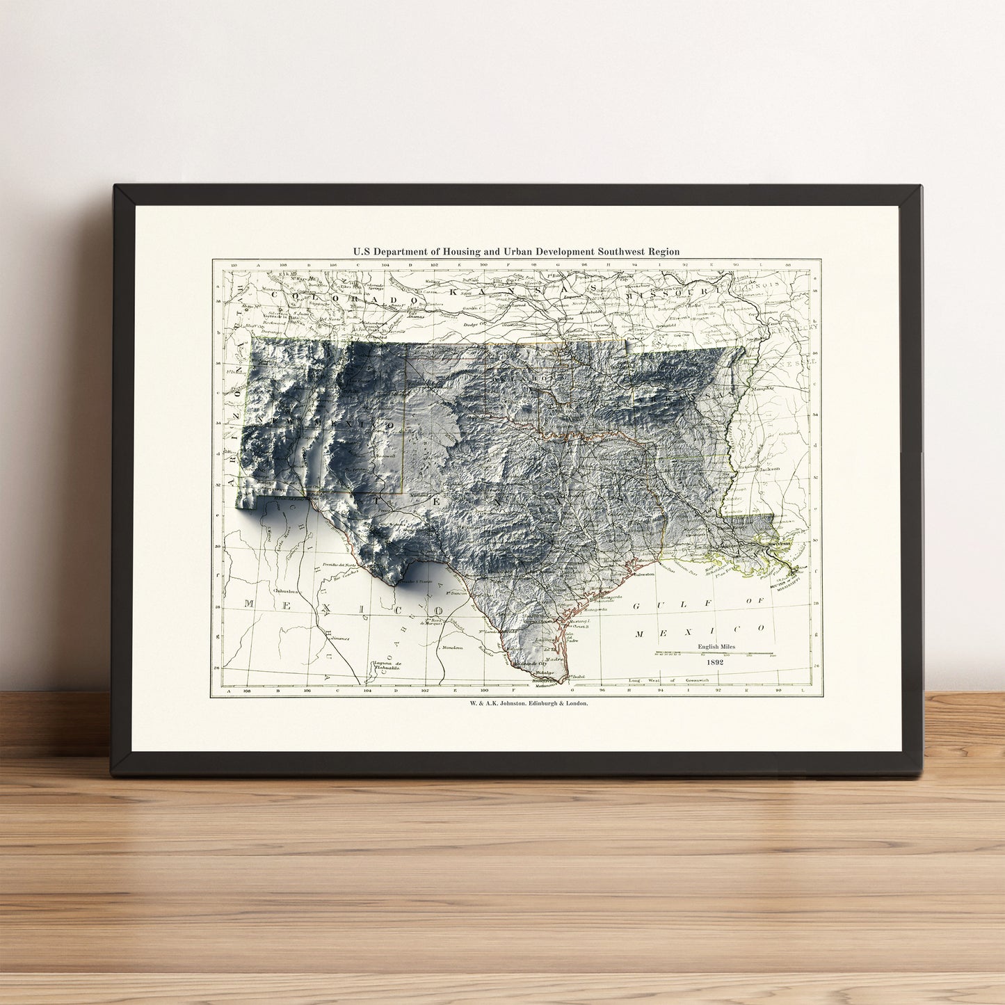 South Central USA vintage framed shaded relief map in black frame. Artistic print highlighting mountains with a realistic terrain effect